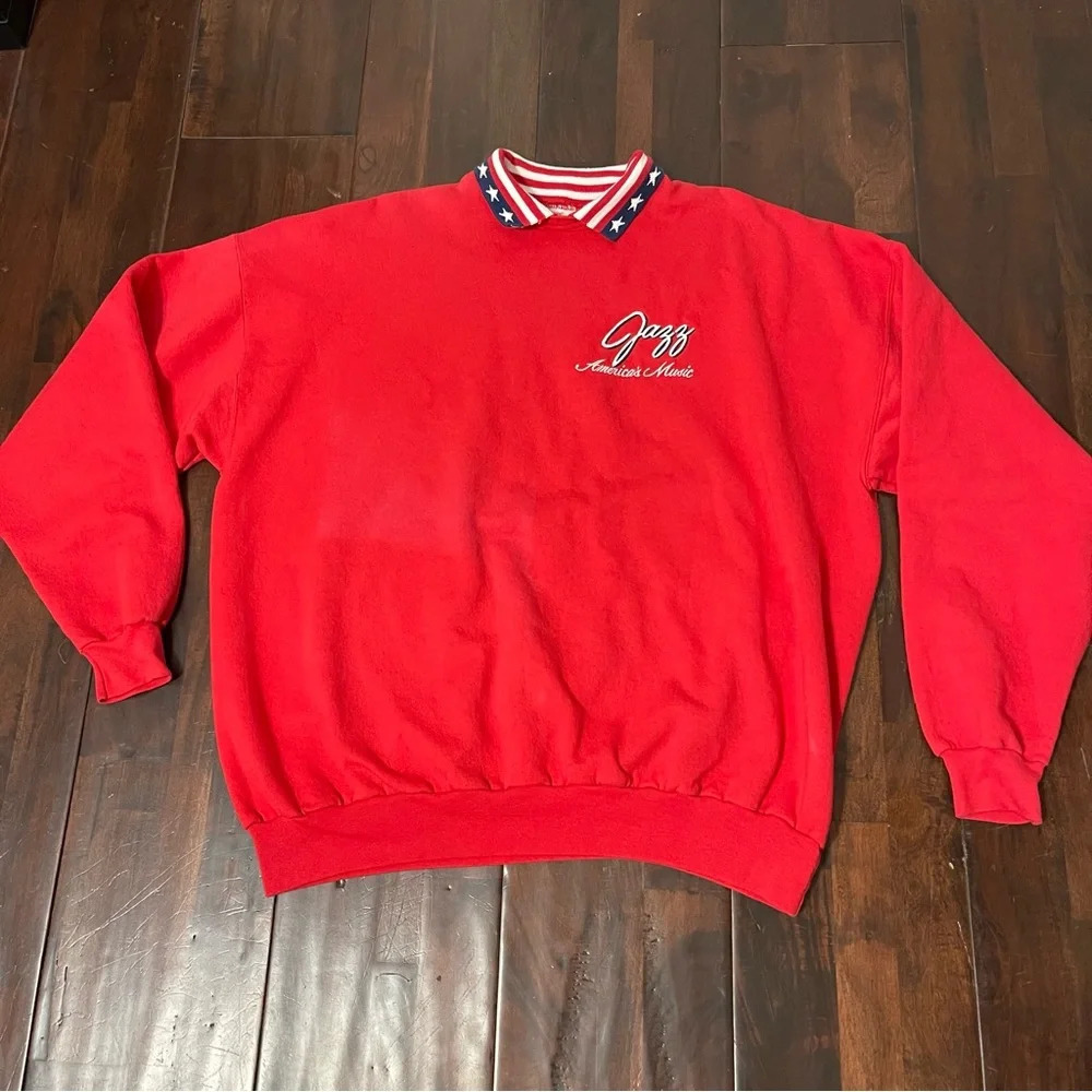 Vintage Jazz American Music Collared Crewneck Red American Flag Hanes Adult 2XL